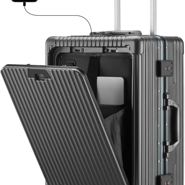 Versatile Aluminum Frame Carry-On Luggage with USB Charging Port. Front Compartment. TSA Lock. Airline Approved Carry On Hardside Suitcase with Spinner Wheels (Grey. 20inch)